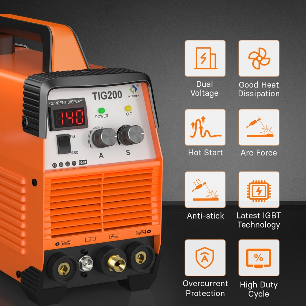 TIG Welder 200A HITBOX TIG200 3 in 1 HF TIG MMA ARC Stick IGBT Inverter Welding Machine Arc Force Hot Start Outdoor Home DIY