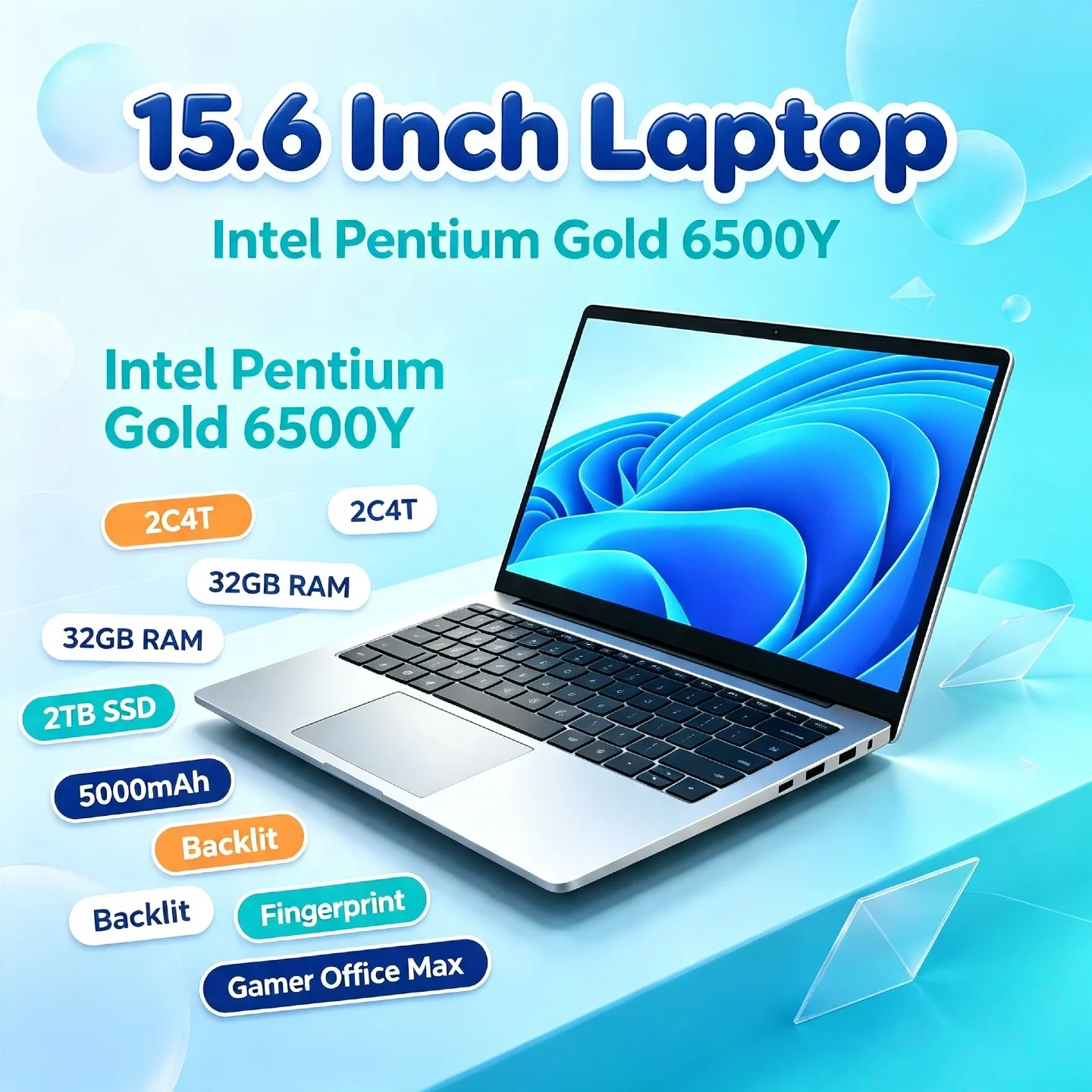 Intel Pentium Gold 6500Y 15.6 Inch Laptop 2C4T 32GB RAM 2TB SSD 5000mAh Backlit Fingerprint Gamer Office Max