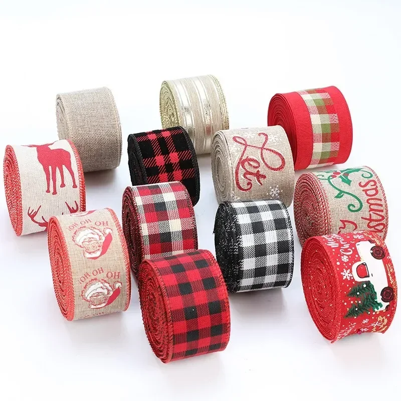 5m Christmas DIY Fabric Ribbon Burlap Ribbon With Wired Edge Gift Wrapping Christmas Tree Decor Ribbon DIY Wreath Bows Crafts