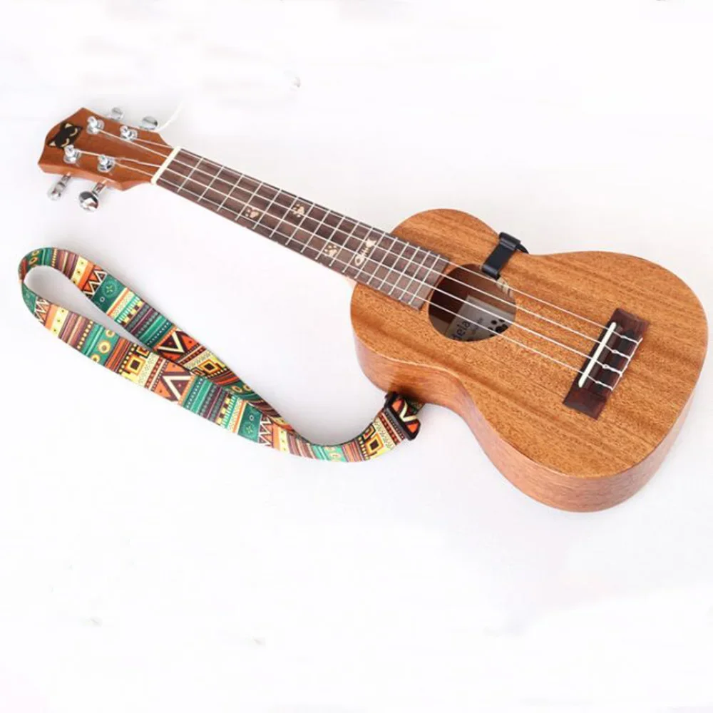 Ethnic Style Ukulele Strap Durable Adjustable Printing Ribbon Plastic Hook Clip-on Hawaii Guitar Belt Instrument Accessories