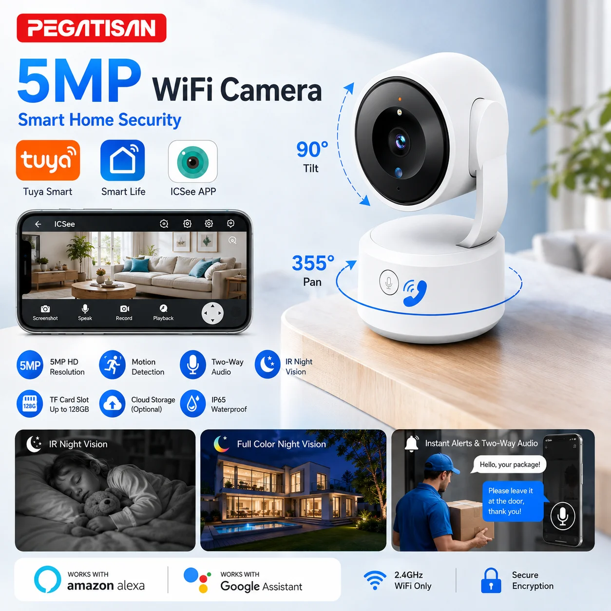 5MP WiFi Baby Monitor PTZ Indoor Security Camera Auto Tracking Color Night Vision IP Camera Tuya App