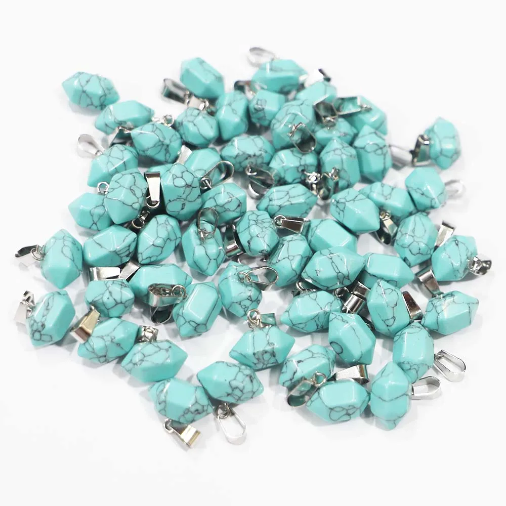 Natural Stone Turquoise Hexagonal Pillar Ornament Necklace Pendant Charms Fashion Diy Jewelry Accessories Making Wholesale 30Pcs