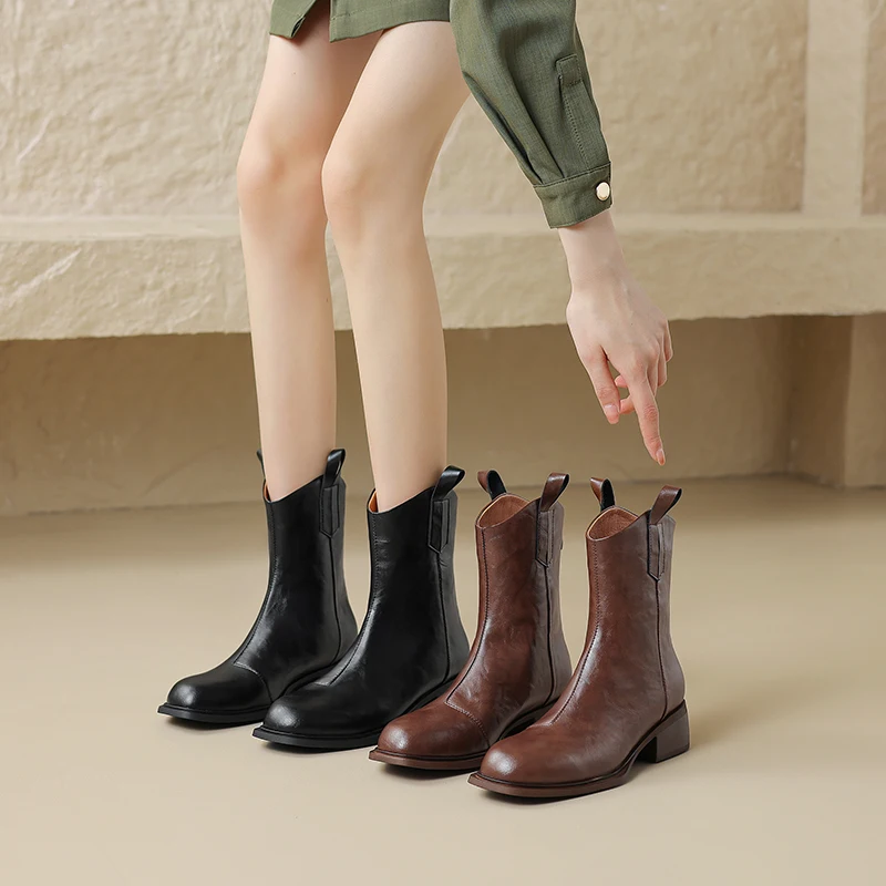 2024 New Autumn/Winter Women Boots Round Toe Chunky Heel Boot Western Boots Zapatos De Mujer Mid-calf Boots genuine leather