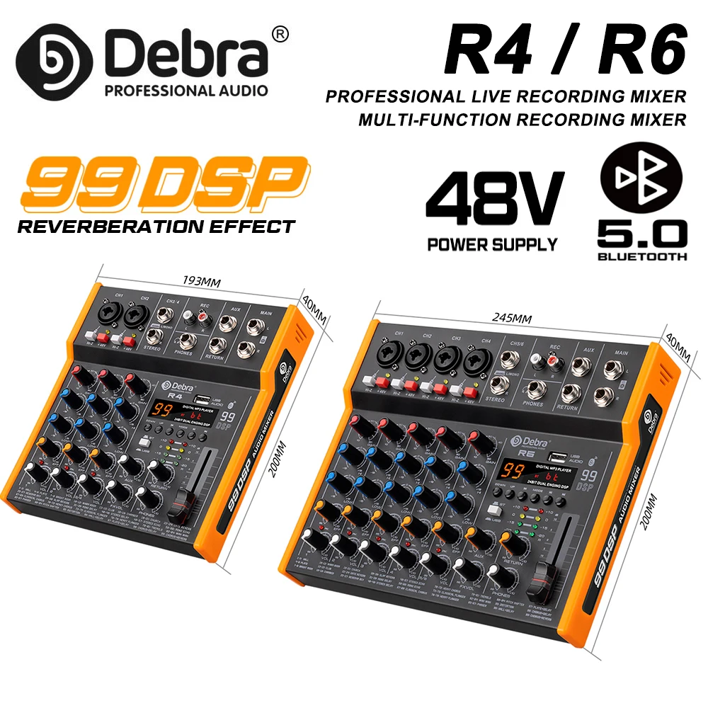Debra جهاز مزج الصوت المعدني DJ وحدة التحكم OTG R4/R6 مع بلوتوث 48 فولت تأخير الطاقة تكرار تأثير لوحدة التحكم خلط الصوت تسجيل الكمبيوتر