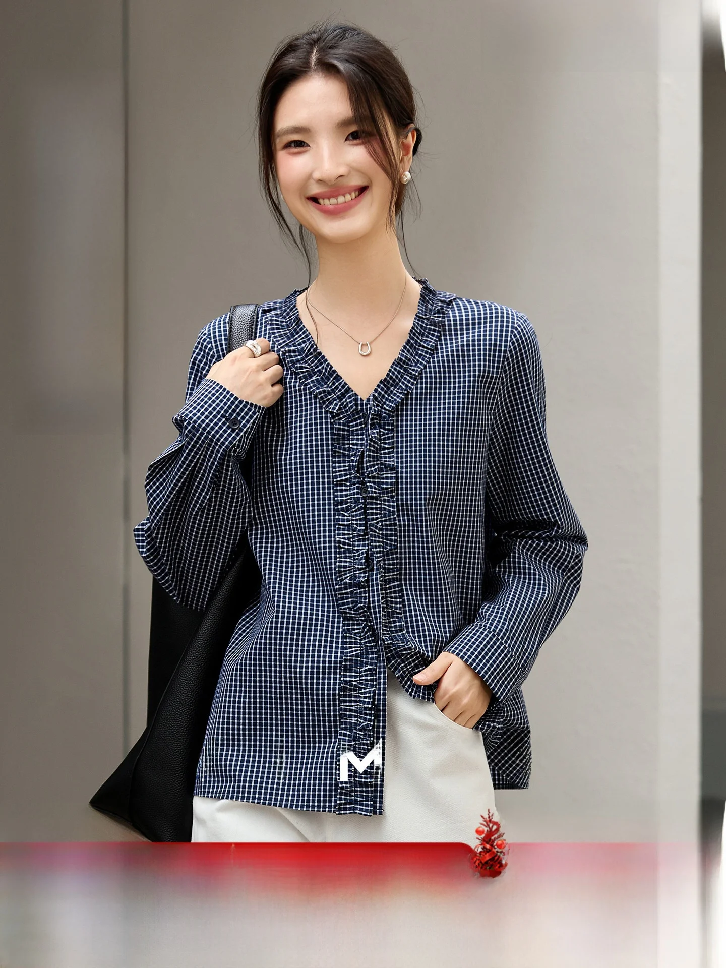 

Pure Cotton Plaid irt Women's Long Sve Turn-down Collar Cheered Pattern Casual Sle V-ne Button-up Slim Fit Autumn ...