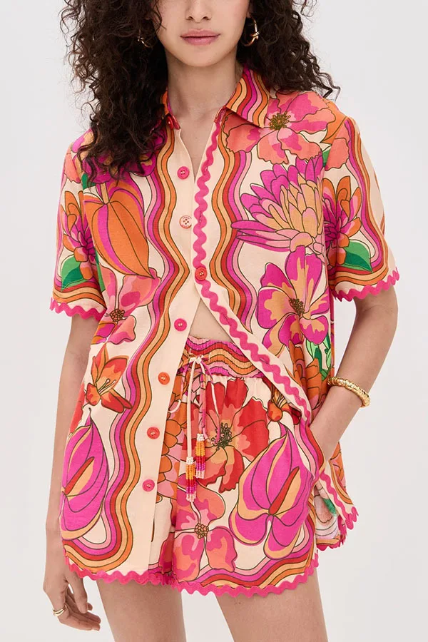 الصيف زهرة طباعة قطعتين مجموعة المرأة أزياء قصيرة الأكمام قمصان السراويل 2 قطعة مجموعات الشارع الشهير عطلة نمط وتتسابق الدعاوى #5