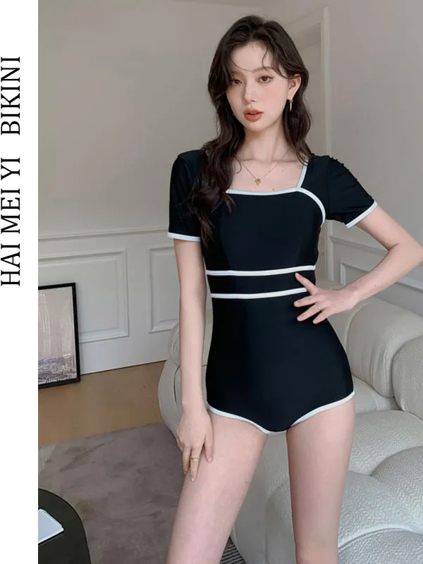 

Conservative Style One-Piece Swimsuit for Women Short Sleeve Thermal Spa Swimming Costume Slimming Tummy Covering Sporty Design