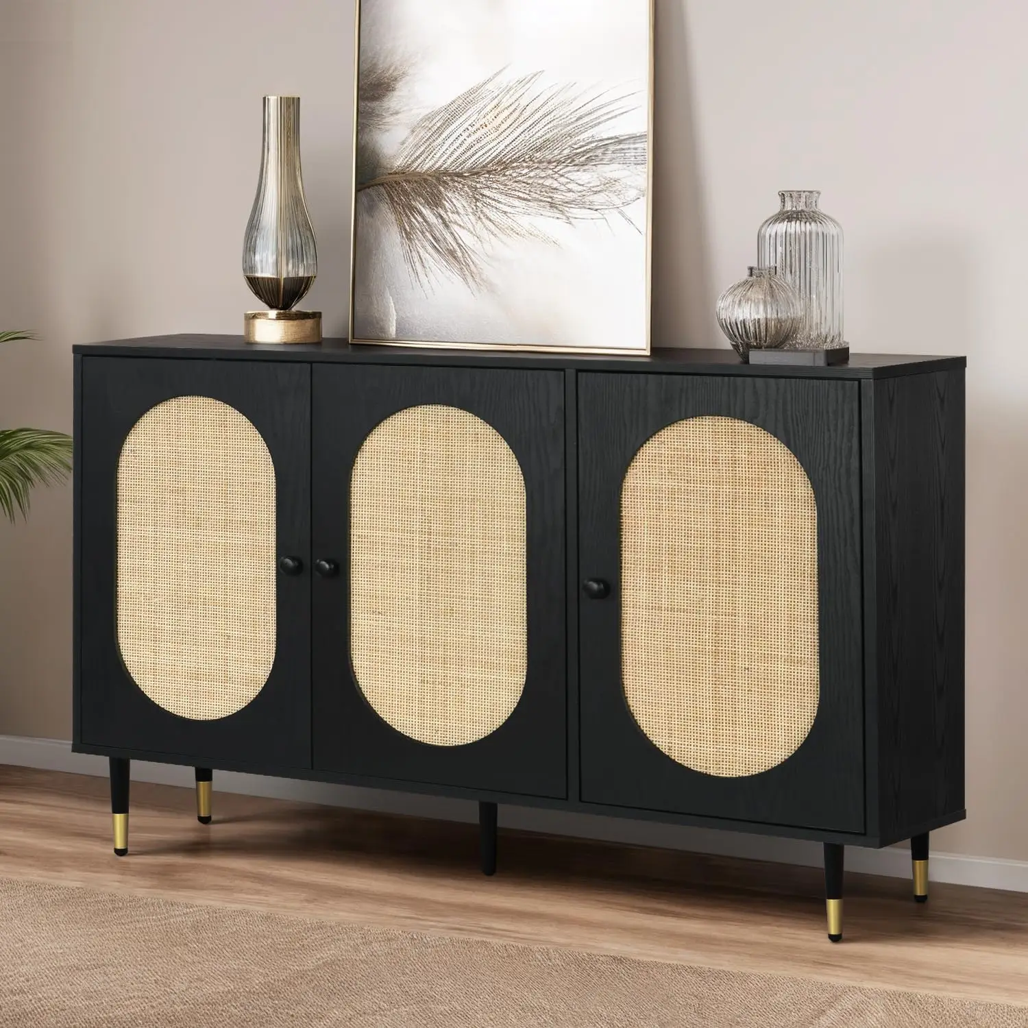 

Буфет 47 дюймов с местом для хранения, тумба-буфет с дверцами из натурального ротанга, ротанговый буфет с регулируемыми, настраиваемыми элементами