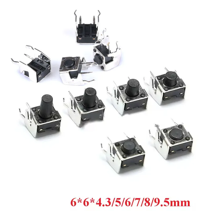 10 sztuk 6x6 PCB chwilowy dotykowy takt przycisk 4-Pin przełącznik samoresetujący kątowy z stentem 6*6*4.3/4.5/5/6/7/7.5/8/9/10mm