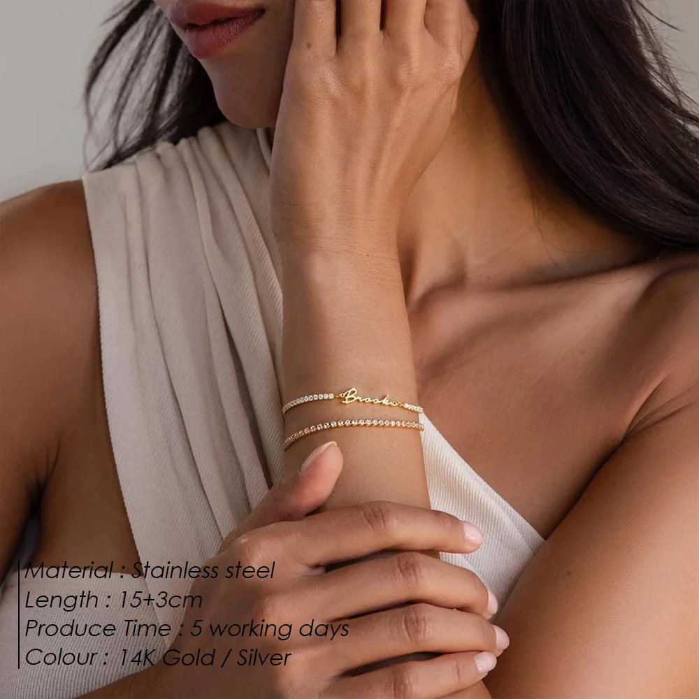 EMANCO  Customized Personalized Name Bracelet Art Style Ladies Jewelry Stainless Steel Zirconia Claw Chain Nameplate Bracelets