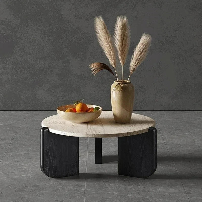 

Luxury Solid Wood Coffee Table for Café Furniture Creative Travertine Side Table Household Light Luxury Living Room Coffee Table
