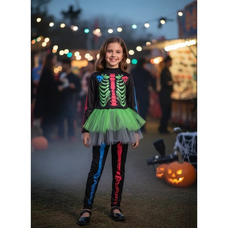 Rainbow Horror Skeleton Tutu Dress Kids Themed Party Costume Demon Dress Cheerleading Human Skull Costume