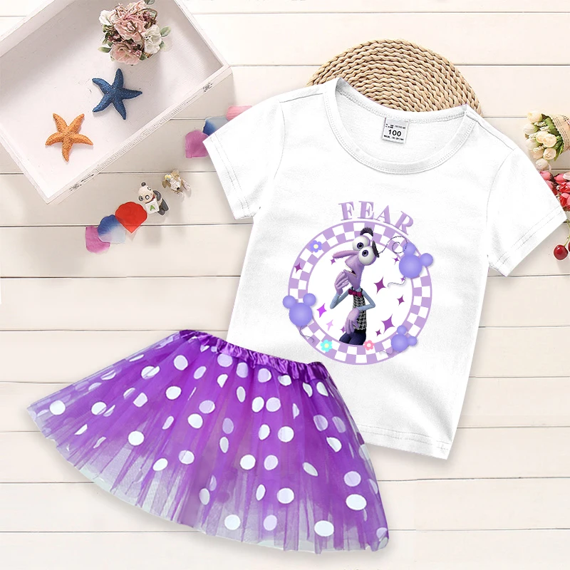 Disney Inside Out 2 Girls Short Sleeve T-shirt Cartoon Cute Skirt Children Anime Printed Tops Casual Skirts Summer Kids Clothes