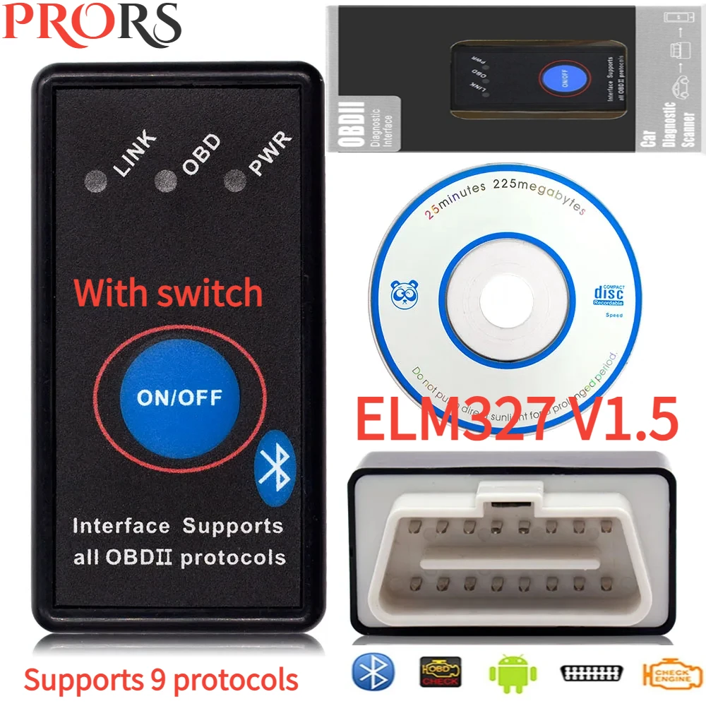 

Latest Bluetooth ELM327 V1.5 ELM 327 With Power Switch on/off elm327 BT OBDII Code Reader For Android/IOS/PC OBD Diagnostic Tool