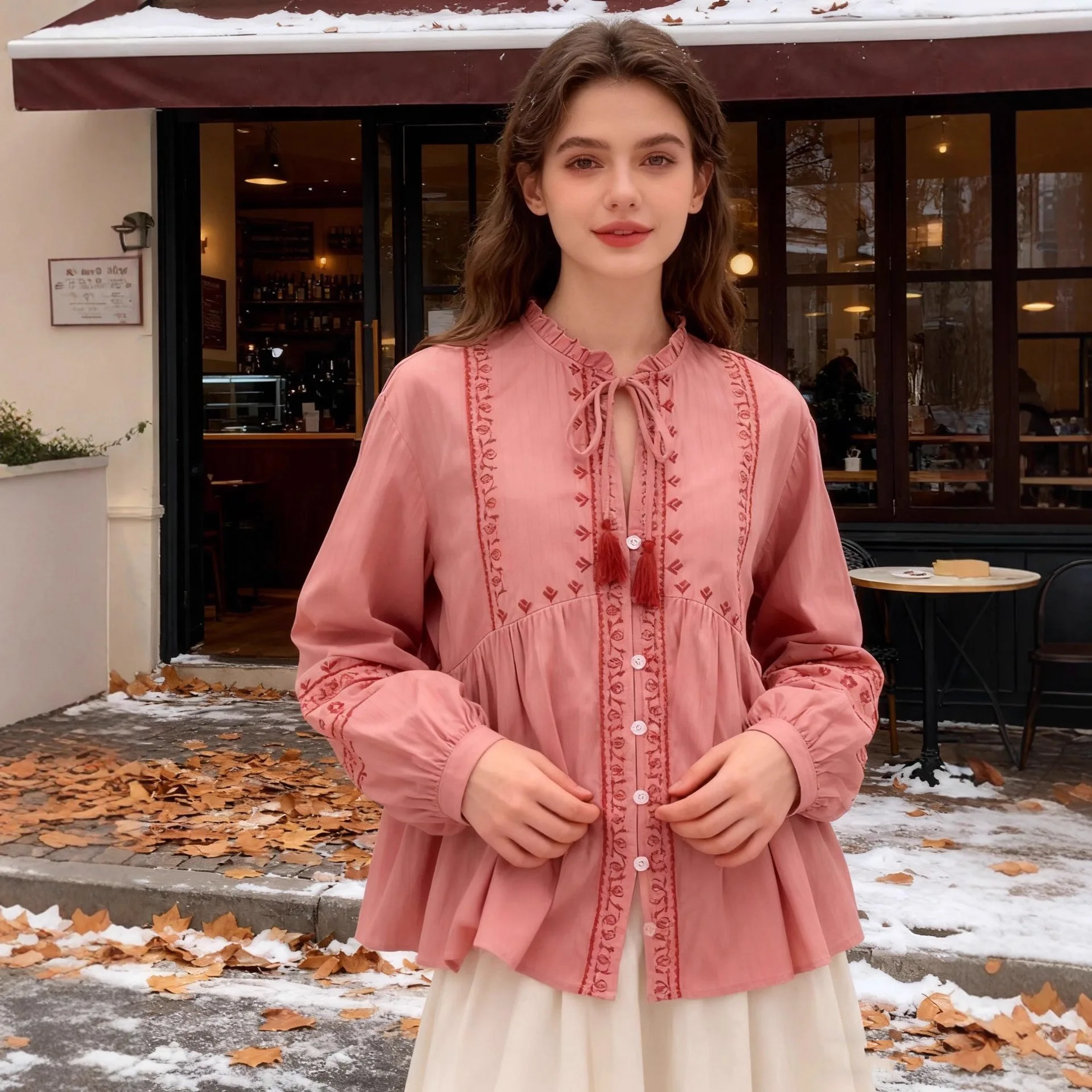 

Весенняя женская свободная блузка с длинными рукавами, осенняя многофункциональная рубашка на пуговицах с цветными блоками и вышивкой, смешанный топ с галстуком-бабочкой