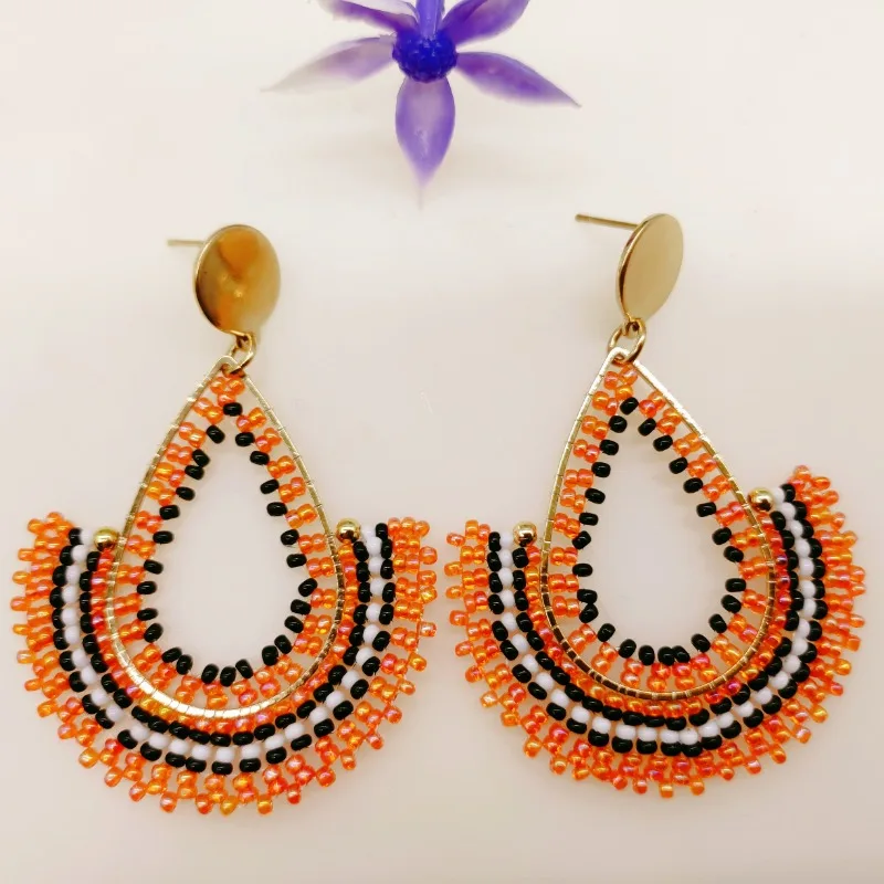 Rice bead earrings Water drop Originality Bohemia Chroma Hollow out Crystal Hand knitting Alloy Female Fashion  Beaded earrings