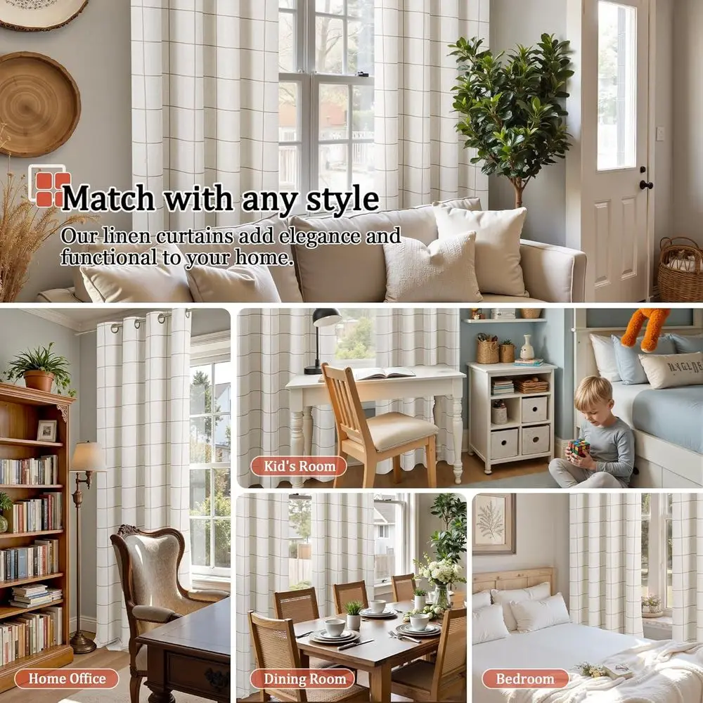 Cortinas blackout de linho de 90 polegadas com padrão xadrez Boho para sala de estar, cortinas com ilhós de 2 painéis de 52 x 90 polegadas