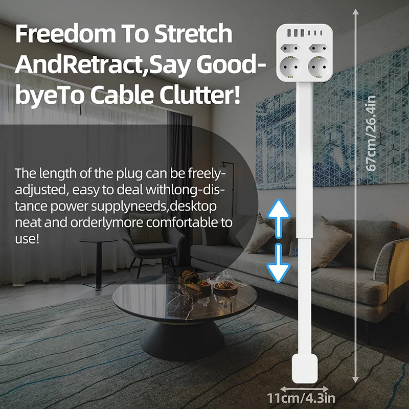 360°Rotating Plug Power Strip Electrical Wall Plug Scalable Adjustable Length Charging Extension Circular Socket Extension Cable