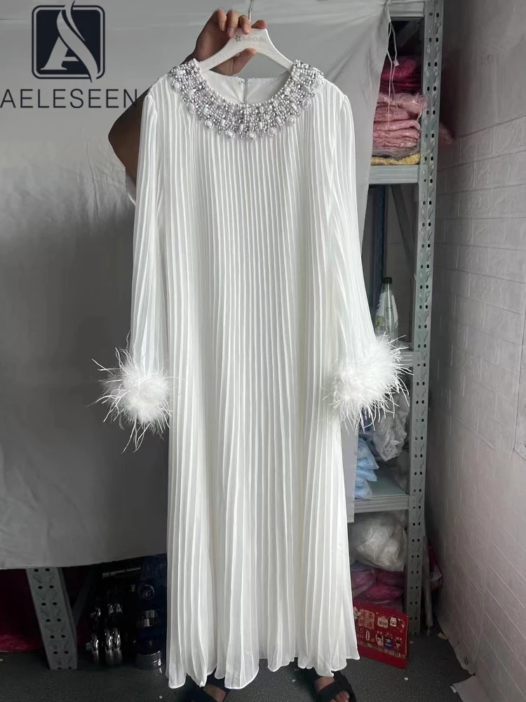 

AELESEEN Women Pleated Dresses Designer Fashion Spring Autumn Full Sleeve Feathers O-Neck Luxury Diamonds Midi Casual Party