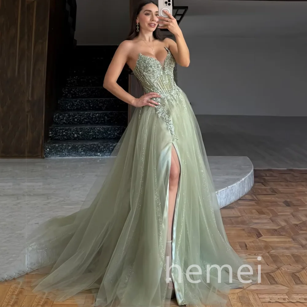 Tulle Shiny Customized Prom Dresses Crystals Appliques Evening Dress Split A Line Party Gowns Floor Length Vestidos De Novia