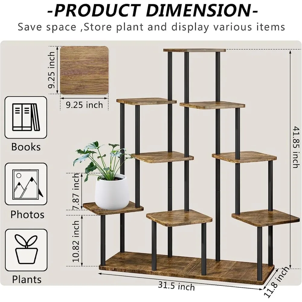 Dudukan tanaman logam tinggi kayu 9 tingkat, rak Display Pot bunga banyak, rak penyimpanan untuk teras ruang tamu balkon kebun