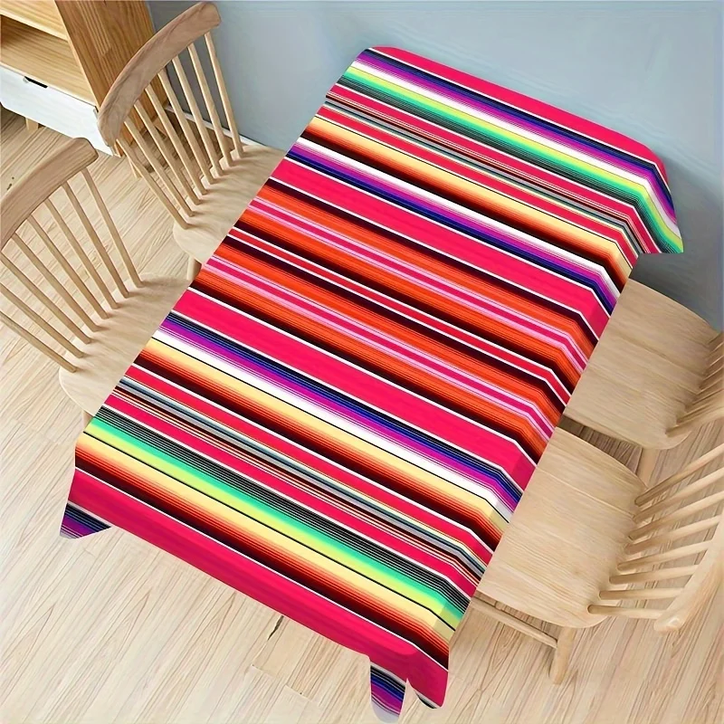 1pc Vibrant Mexican-Inspired Tablecloth - Colorful Polyester Rectangular Design with Bold Stripes & Floral Accents - Durable