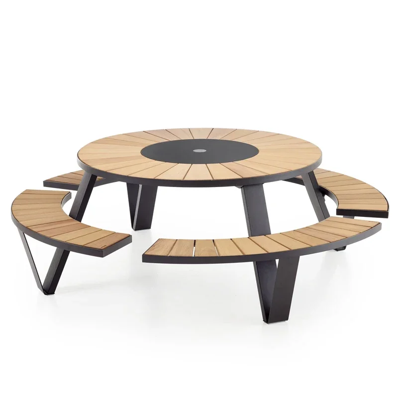 Custom canteen table and chairs with umbrella kit conjoined long dining table public place wrought iron