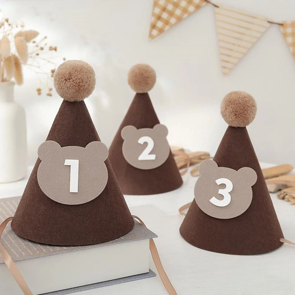 1Pcs Cute Bear Birthday Hat Brown Thick Non-Woven Birthday Party Supplies Birthday Party Hats Baby Shower Party Decorations