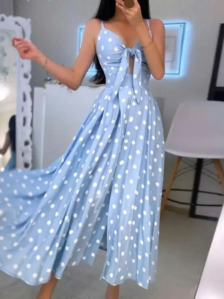 Sexy Summer Women V-Neck Sling Backless Dress Elegant Hollow Out BowKnot Long Party Dress Fashion Femme Dot Maxi Dress Vestido - Image 2