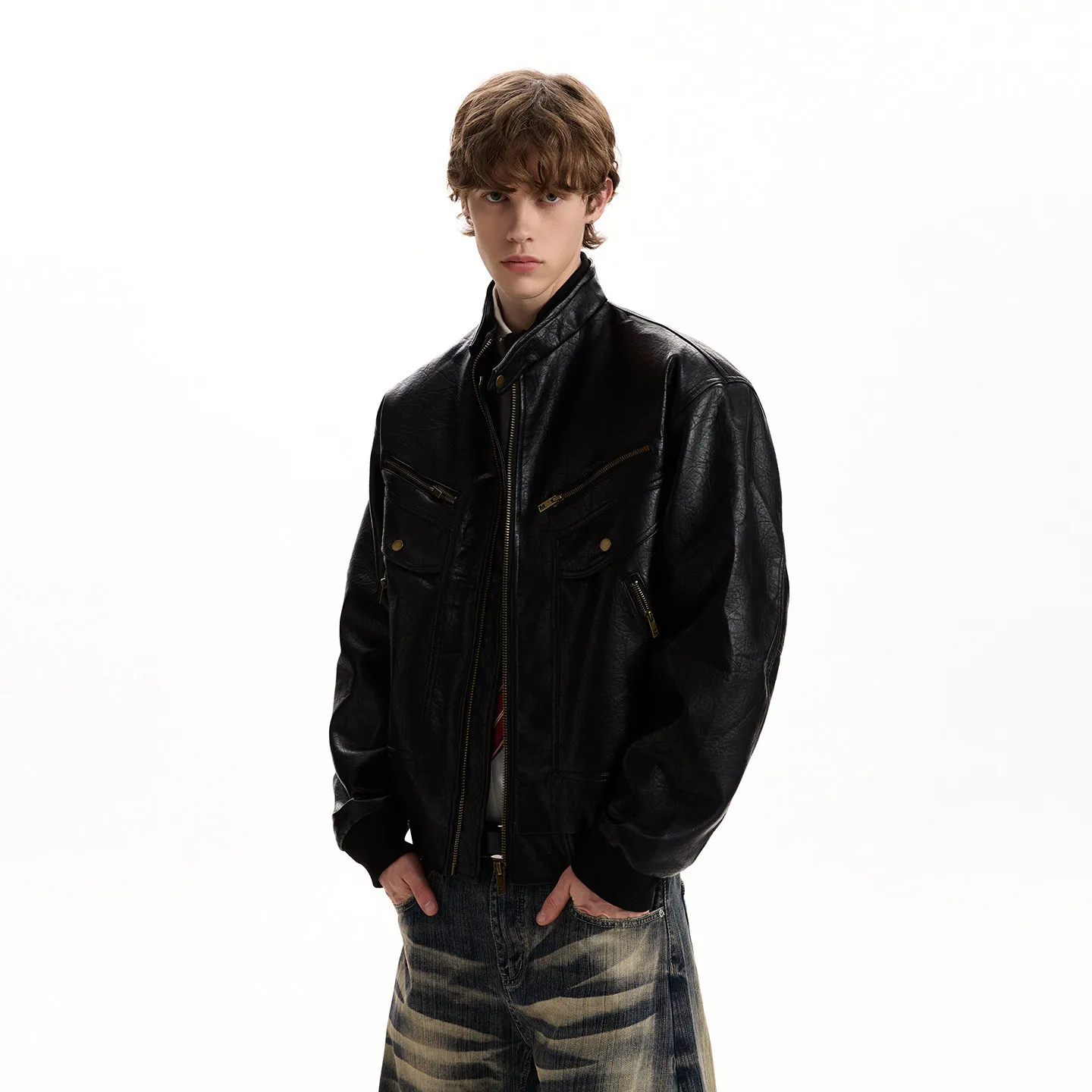 Man Leather Jacket 2026 Autumn Winter Retro Textured PU Moto Jacket Boxy Fit Multi Pockets Biker Outerwear Loose Leather Coat