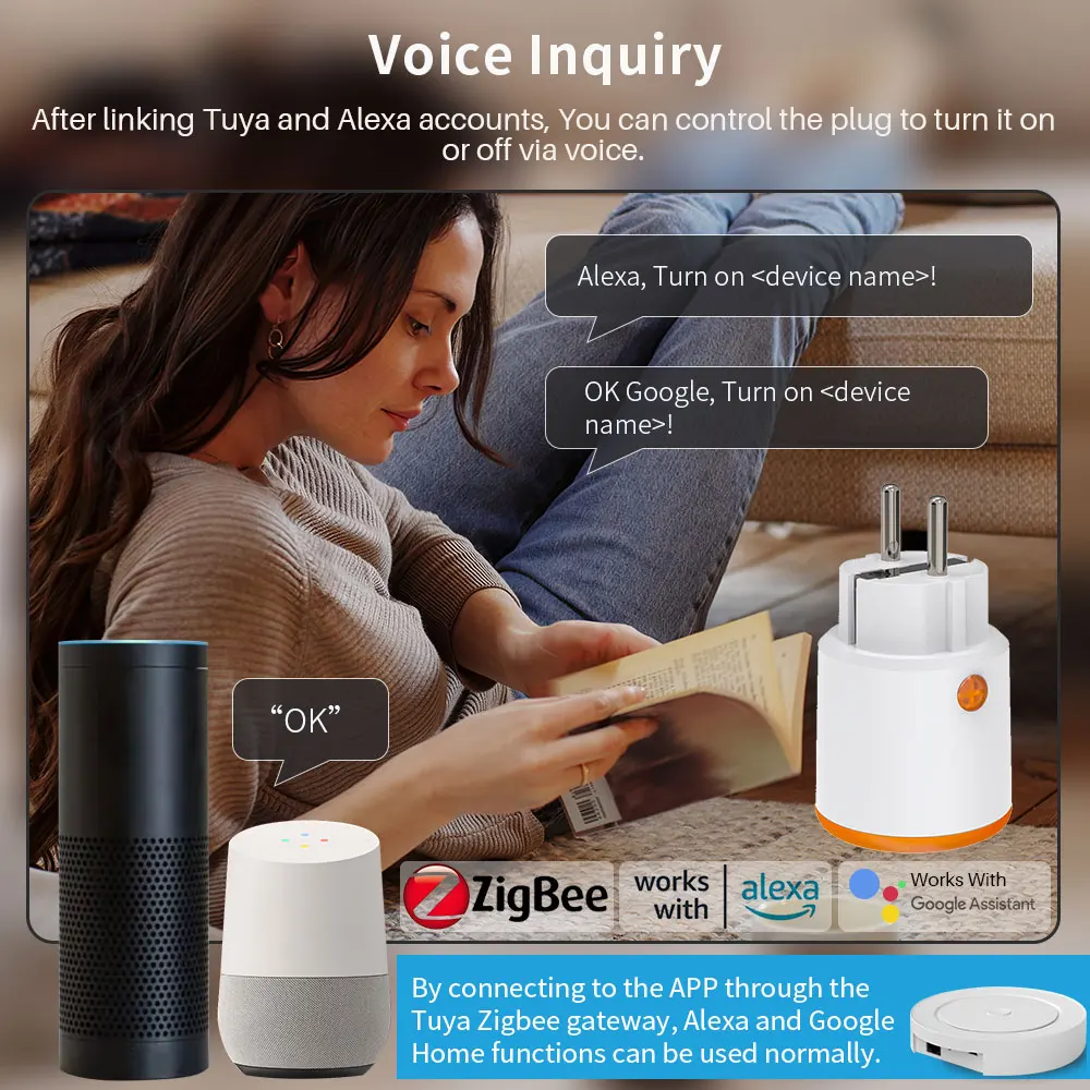 Tuya Zigbee Smart Socket 16A EU Smart Plug With Power Monitoring Timing Function Support Alexa Google Home Yandex Voice Control