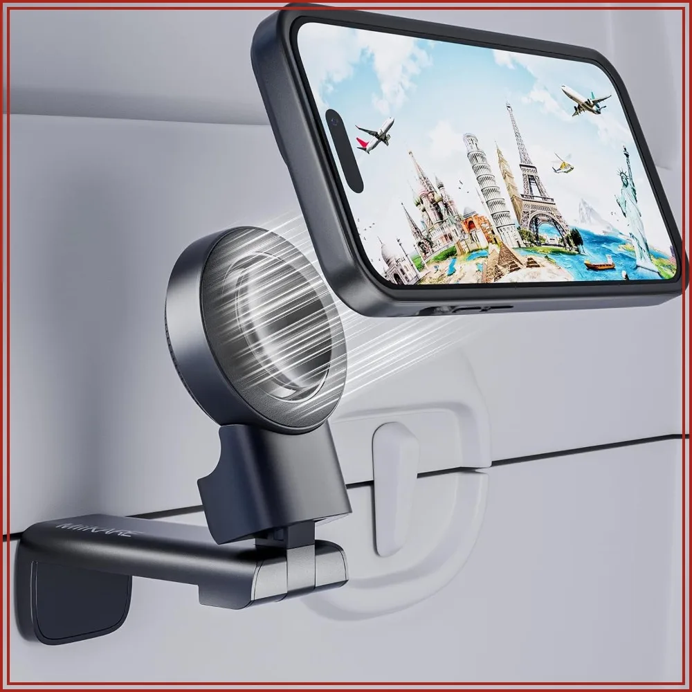 Magnetic Airplane Phone Holder, Universal Handsfree Mount with 360° Rotation, Travel Phone Stand for Desk & Tray Table, Black