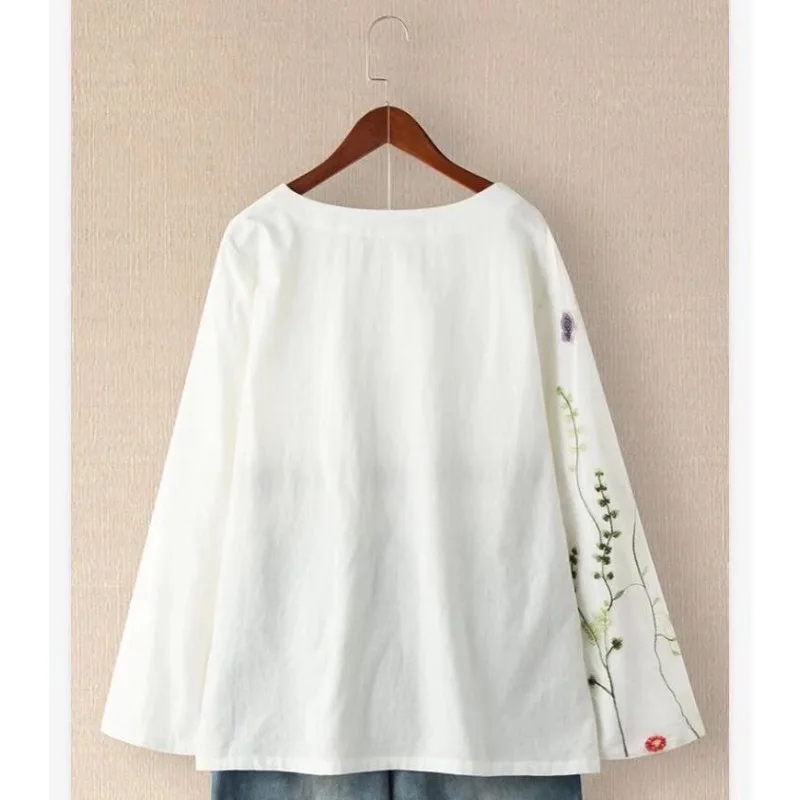 Women Shirt Loose Cotton Linen Pullover Single Breasted Embroidered Round Neck Top All Seasons Middle Eastern Casual Top