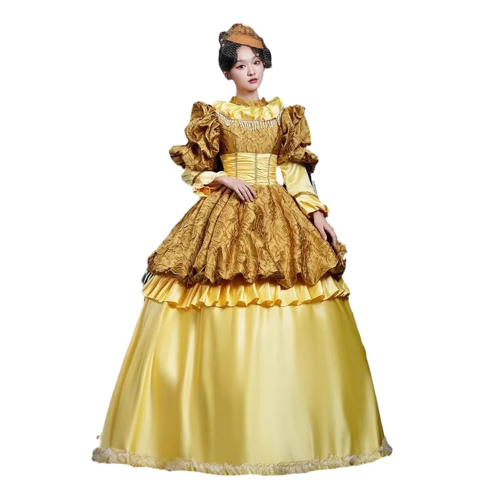 겨울 중세 유럽 귀족 클래식 드레스 노란색 코트 스타일 드라마 Catwalk 메이크업 파티 의상 Vestidos De Flamenca