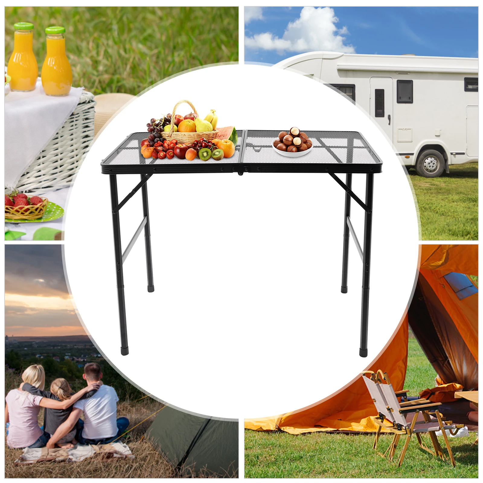 Camping Table Folding Grill Table with Mesh Desktop skidproof Feet Height Adjustable Lightweight and Portable Aluminum Outdoor