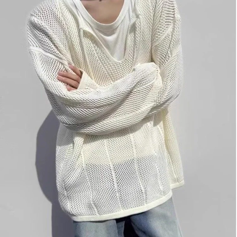 Fall Hollow Out Men Long Sleeve Drawstring T Shirt Korean Fashion Casual Punk Personality All-match Loose Knitted Clothing White