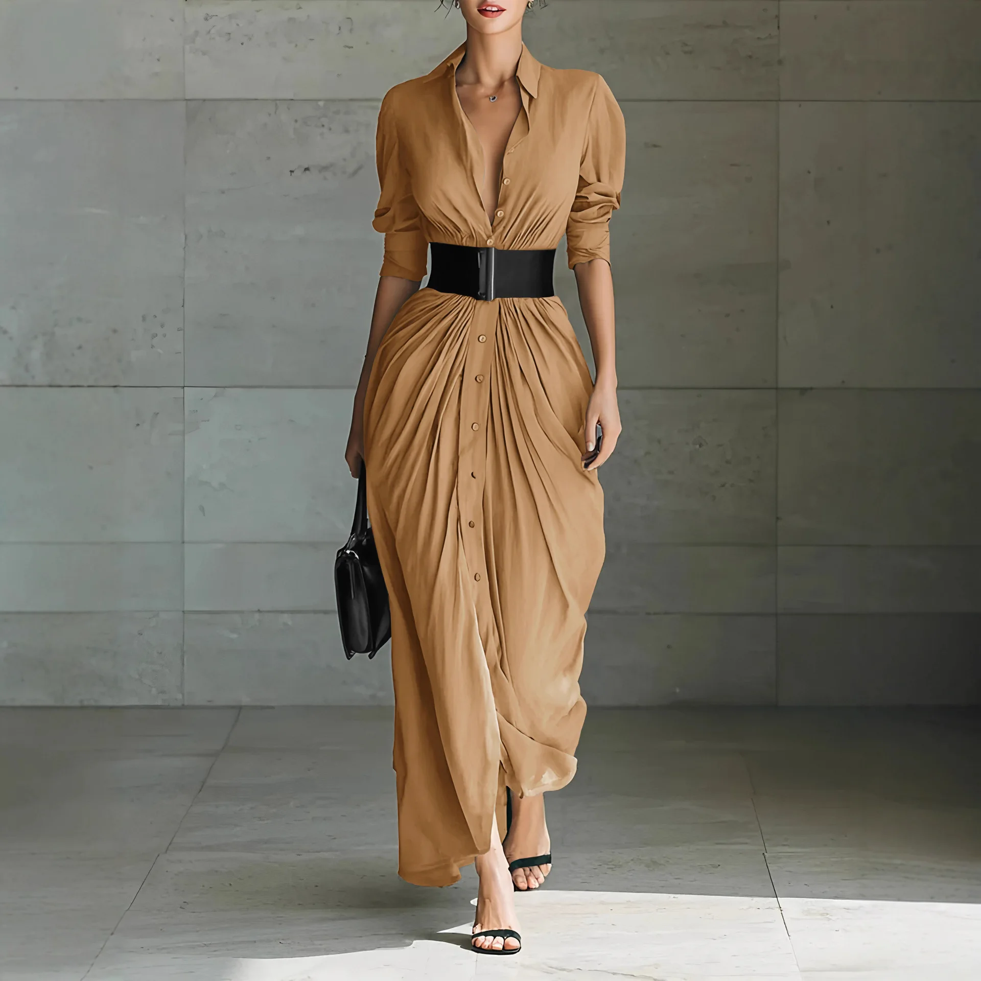 فستان قميص ذو طية صدر السترة على الموضة الأوروبية والأمريكية الجديدة للربيع والخريف بما في ذلك الحزام #1