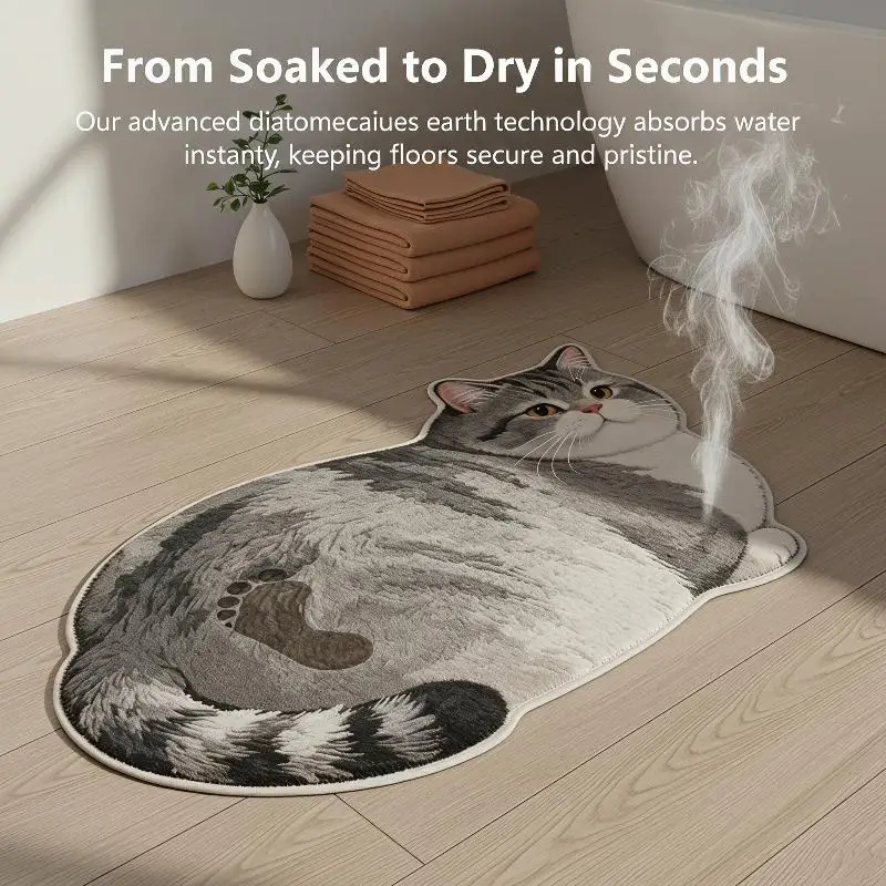 Cute 3D Cat Diatomite Bathroom Doormat Super Absorbent Quick Dry Anti-slip Mat for Home Shower Area