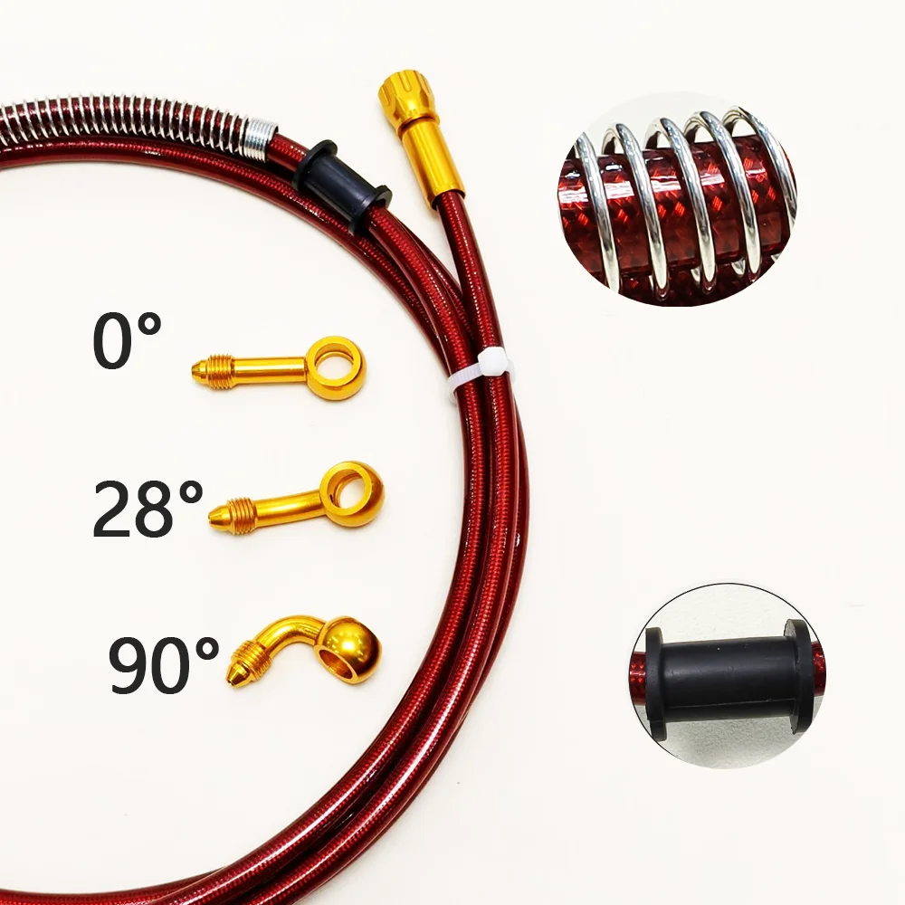 0 ° ~28 ° ~90 °   Tubo flessibile freno rosso per moto intrecciato in acciaio inossidabile M10 Tubo frizione tubo olio con banjo girevole dorato a 360 gradi