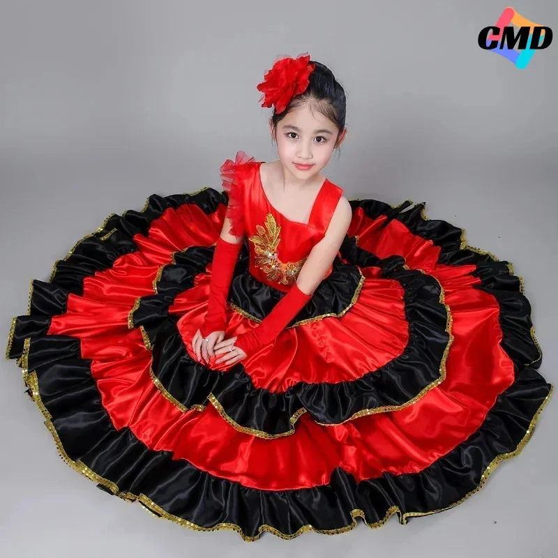 HAni 2025 Cos traje español niña vestido largo de flamenco rojo falda de salón niñas vestidos de baile para niños disfraces para niños tela ☆ ★ ww