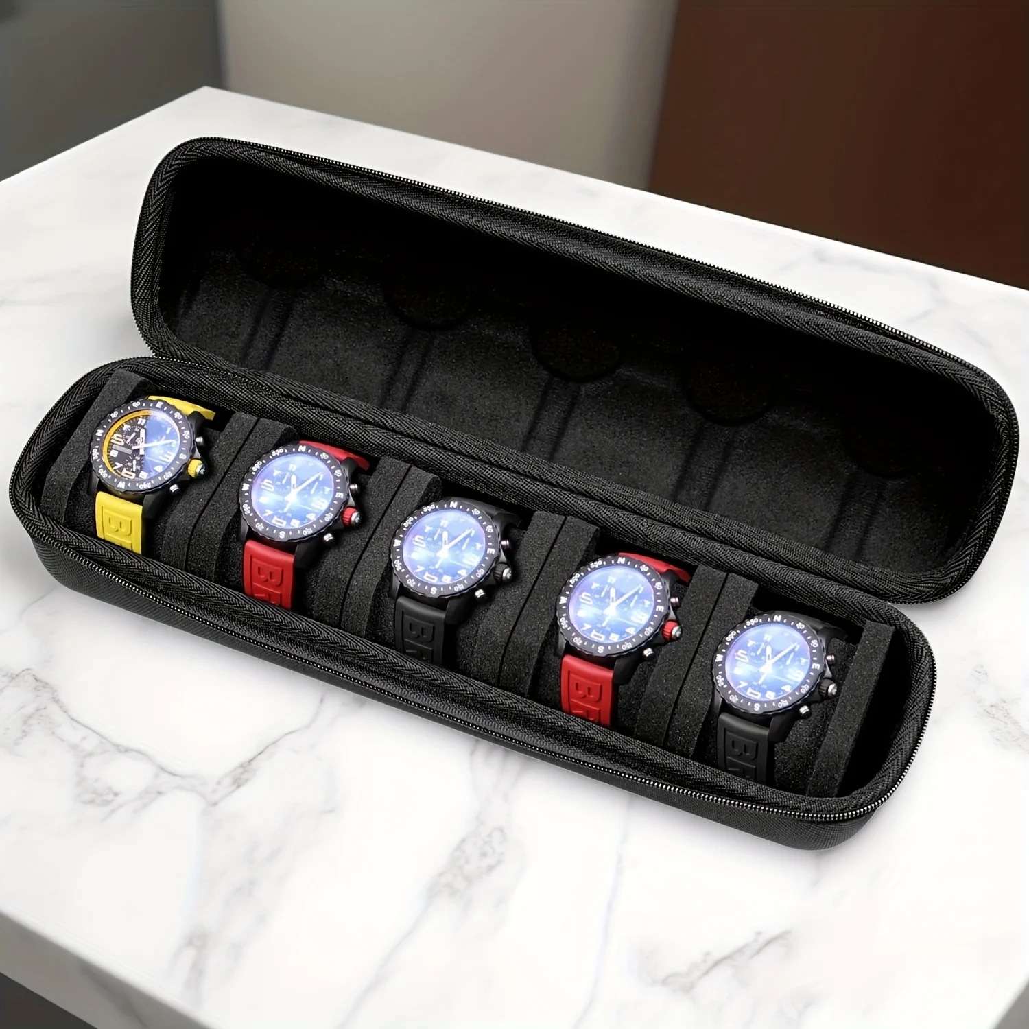 Estojo Rígido Portátil EVA com 5 Compartimentos para Smartwatch, Organizador de Relógios com Espuma Interna para Proteção em Viagens