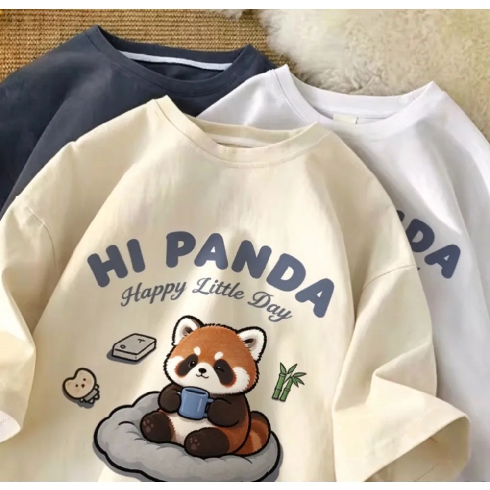Men Women Cute Red Panda Graphic T-shirt HI PANDA Happy Little Day Print Crew Neck Short Sleeve Casual Oversized Cotton Tee