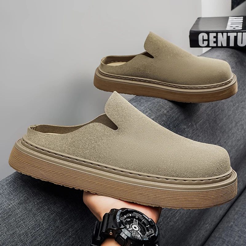 Men Slip On Mules Spring Autumn Wide Round Toe Matte Finish Minimalist Design Chunky Flat Sole Backless Loafers