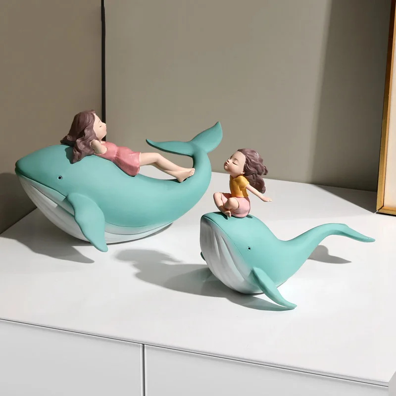 Whale Girl Decoration Resin Statue, Cute and Simple Healing Small Objects Cartoon Living Room Desktop Decoration Gift