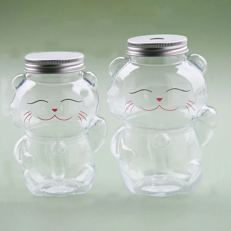 Cute Lucky Cat Water Bottle Transparent Juice Drink Bottle Milk Tea Bottle Coffee Juice Mouth ABle Drinking Cup