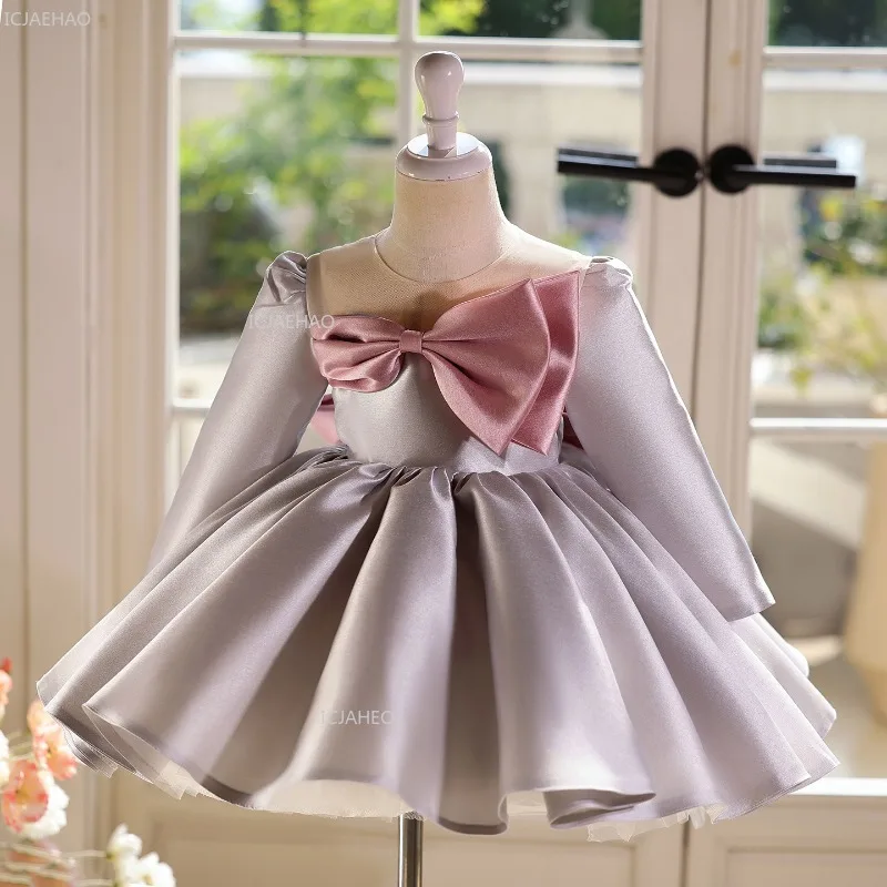 Kids First Birthday Princess Ball Gown Long Sleeve Host Party Formal Children Dresses Puffy Dress for Girls Piano Performance