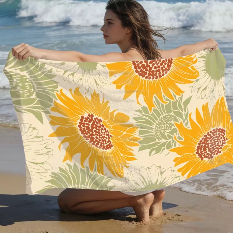 Vintage Warm Sunflower Floral Beach Towel Soft Retro Petal Texture  Sandproof Towel Cottage Style Farmhouse Decor Beach Towel