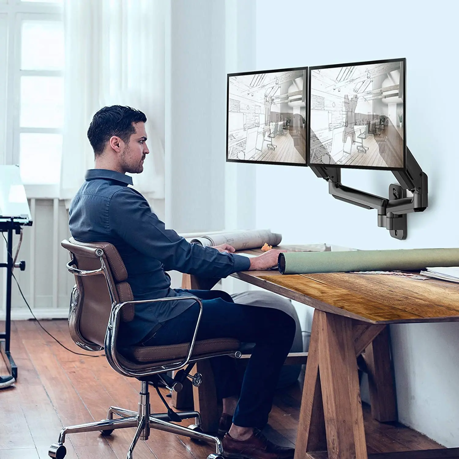 Dual Monitor Gas Spring Arm Stand Model-Sh-Msw Fits Inch Holds Up To Lbs Kg Vesa X Height Adjustable Full Motion Swivel