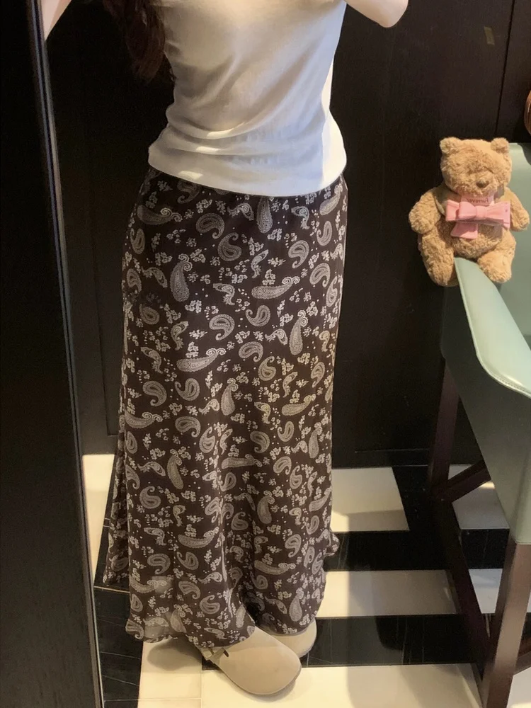 

Summer 2026 High Waist Fish Tail Floral Chiffon Long Skirt Women's Chic Versatile Half Body Skirt Retro Commute Style A-Line
