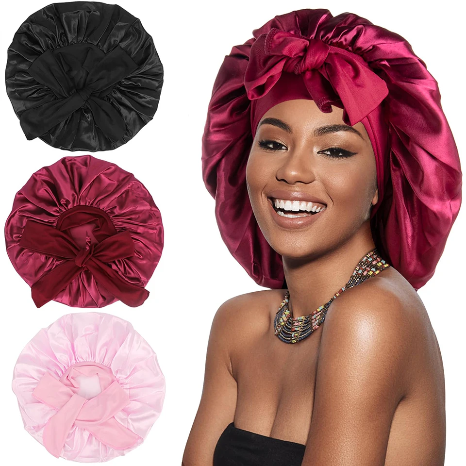 Satin Solid Sleeping Hat Silky Bonnets With Long Tie Bands Elastic Shower Cap Adjustable Cap For Braids Curly Long Hair Bonnets